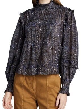 Ulla Johnson Sigrid Blouse In Indigo Diamond Size 0 Boho Puff Sleeve NWOT